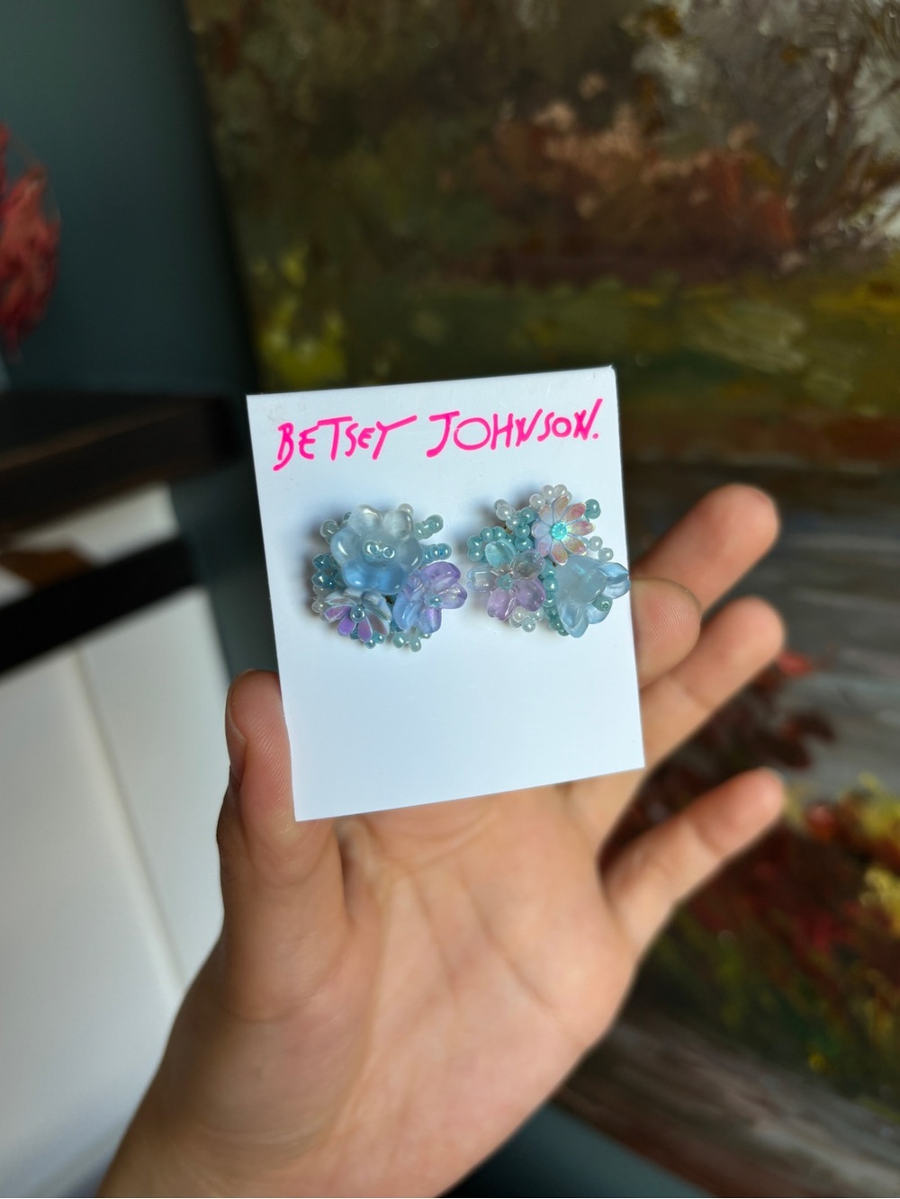 Betsey Johnson Pastel Floral Cluster Earrings - Pink & Blue - Picture 6 of 8